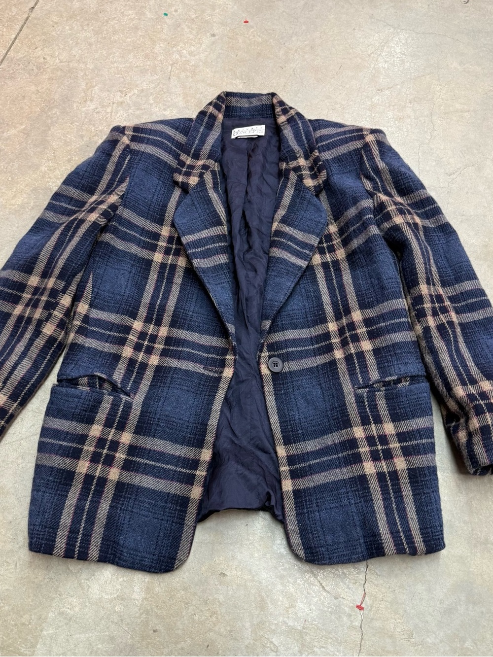 Women's Plaid Single-Button Blazer Jacket - Navy & Beige